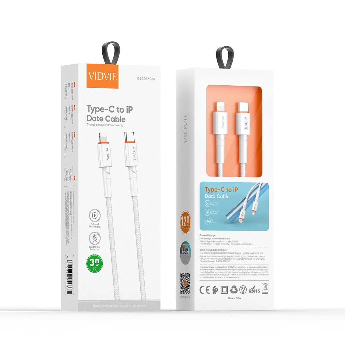 Pack cargador doble puerto Tipo-c 20W, Usb 18W + cable Tipo-c, Lighting IP (IPhone) 30W. Trenzado reforzado 1,20cm.