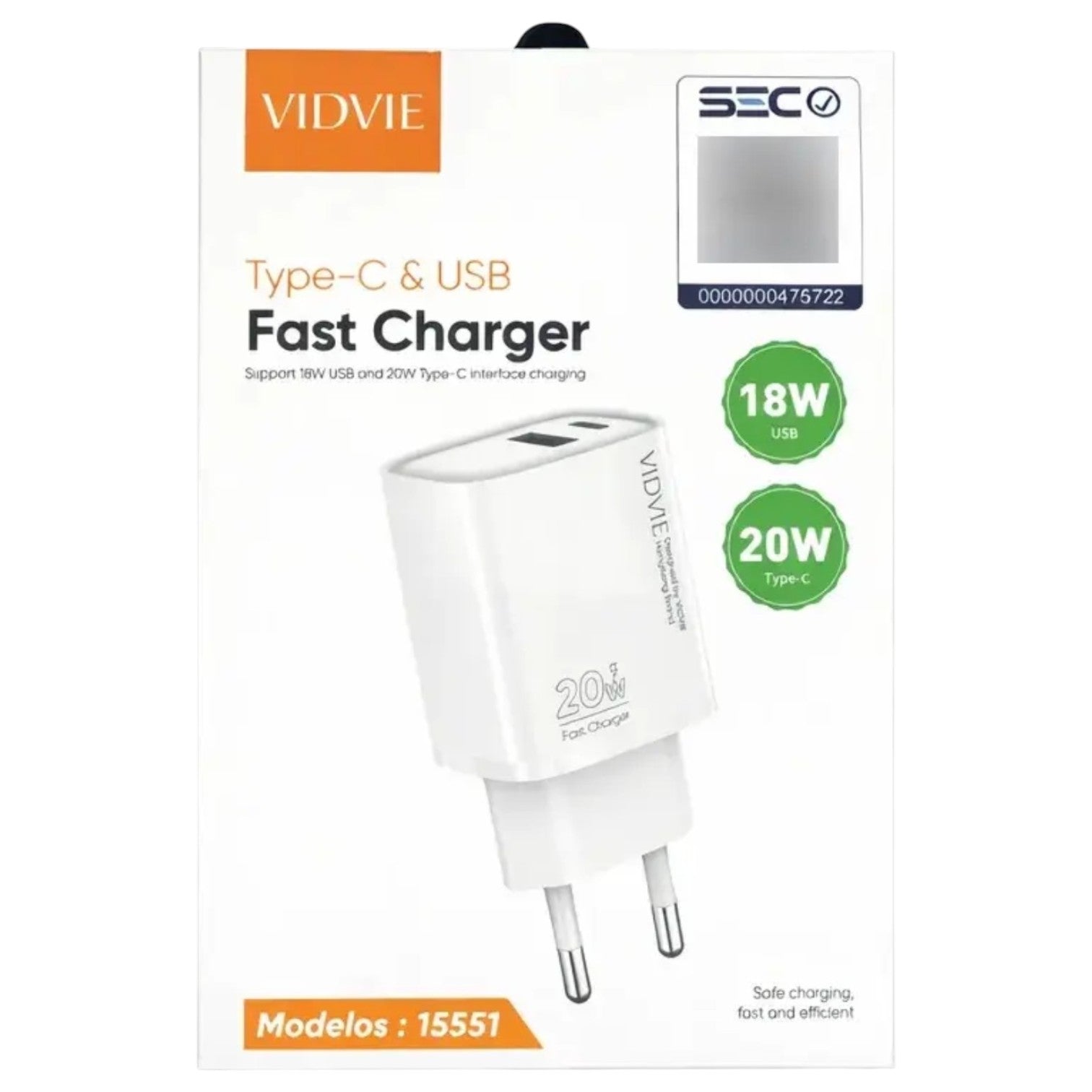 Cargador carga rapida doble puerto USB, USB-C