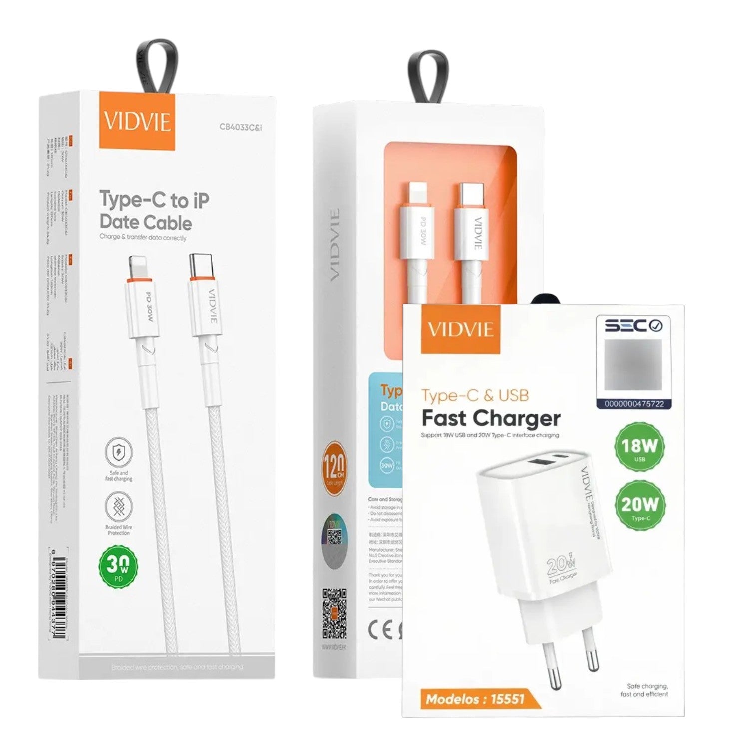 Pack cargador doble puerto Tipo-c 20W, Usb 18W + cable Tipo-c, Lighting IP (IPhone) 30W. Trenzado reforzado 1,20cm.